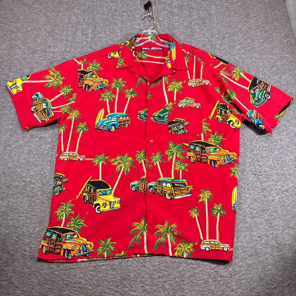 Box-Office Island Button Up Shirt Mens XL Red Woody Car Palm Tree Hawaiian